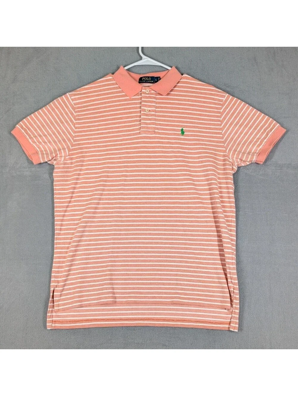 Polo Ralph Lauren Mens L Pink White Striped Short Sleeve Cotton Golf Polo Shirt
